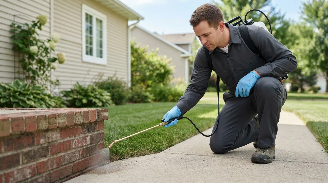 Pest control technician treating a home near Clare, MI